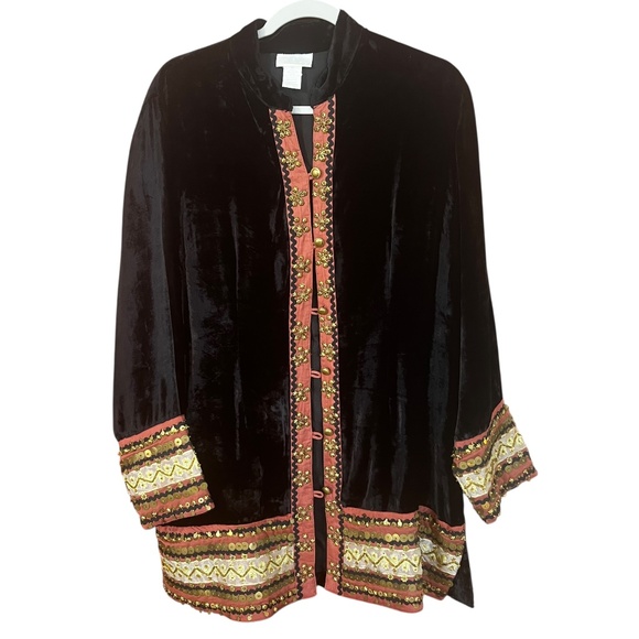 Soft Surrounding Black Velvet Embellished Mandarin Collar Boho Jacket Coat SZ XL - Picture 1 of 7